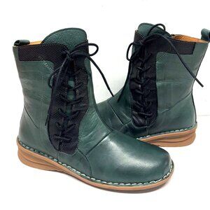 MIZ MOOZ SOFT LEATHER BOOTIE SIDE ZIP SIDE LACE UP 37EU / 7US FOREST GRN # Z-195